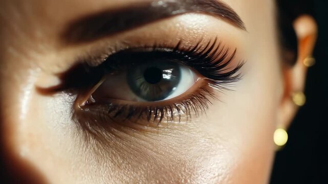 Close up female eye blinking, dramatic light casting shadows across pale skin, revealing nuanced emotional shifts against dark backdrop