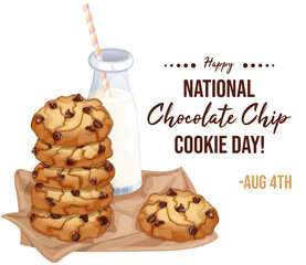 Happy National Chocolate Chip Cookie Day - August 4th Illustration with Cookies and Milk Bottle Graphic Isolated