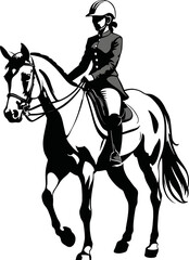 Clip Art illustration of a female Equestrian rider in riding attire guiding a horse along a path in a serene outdoor setting during daytime