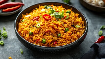 A close-up shot of curried fried rice plated elegantly, highlighting the vibrant colors of the dish and garnished with sliced chili and spring onions.