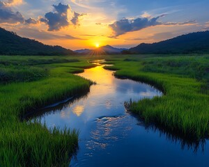 Sunset over tranquil stream in verdant meadow.