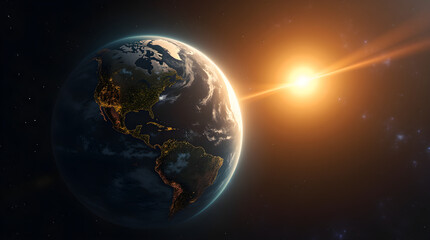 Obraz premium Breathtaking Cinematic HD 3D Rendering Space View Planet Earth Globe Golden Sunrise Sun Flare City Lights Americas Atmosphere Photo