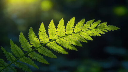 Fern leaf unfolding in soft morning sunlight revealing intricate details in the forest