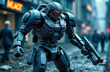 Futuristic robot patrols a busy urban street in a dystopian setting filled with people and debris