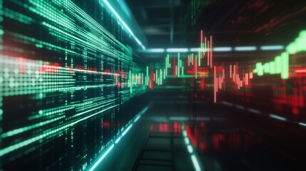 Fototapeta premium A financial chart displaying stock market trends on a computer screen, with green and red candlesticks, highlighting a bullish market surge.