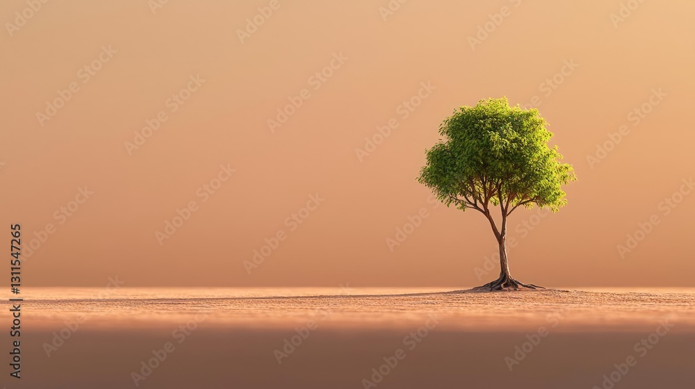 Poster climate change drought idea. a solitary tree stands against a serene backdrop of soft colors and tra