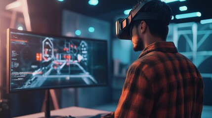 A designer developing a new virtual reality environment for a video game in a modern studio, surrounded by vibrant digital tools