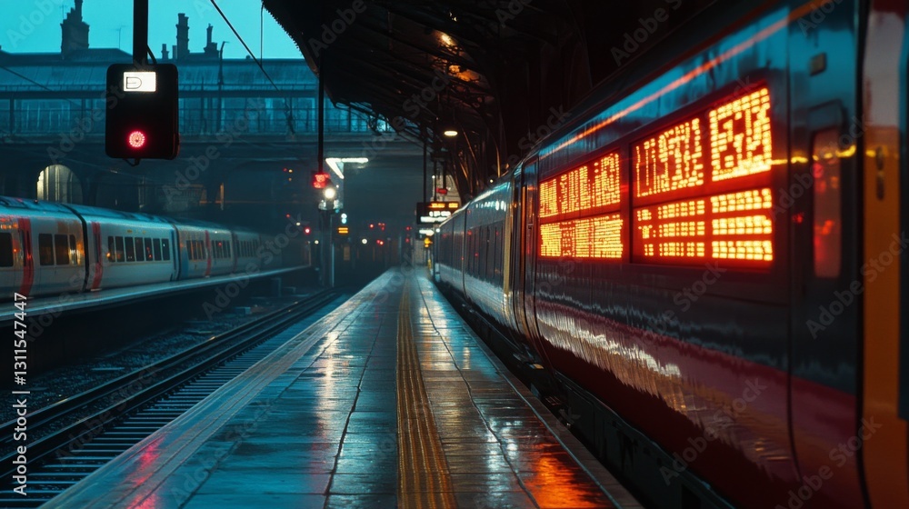 Poster a high-speed train platform with digital departure boards displaying arrival and departure times, ca
