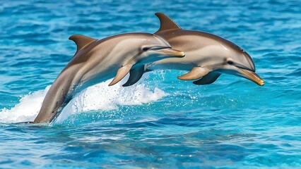 Obraz premium Two dolphins are leaping out of the turquoise water, creating splashes around them. Concept Dolphins Leaping, Turquoise Water, Splashing Action, Ocean Wildlife, Marine Life Beauty