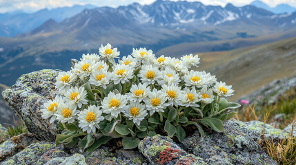Edelweiss flowers bloom on steep alpine slope near distant mountain peaks