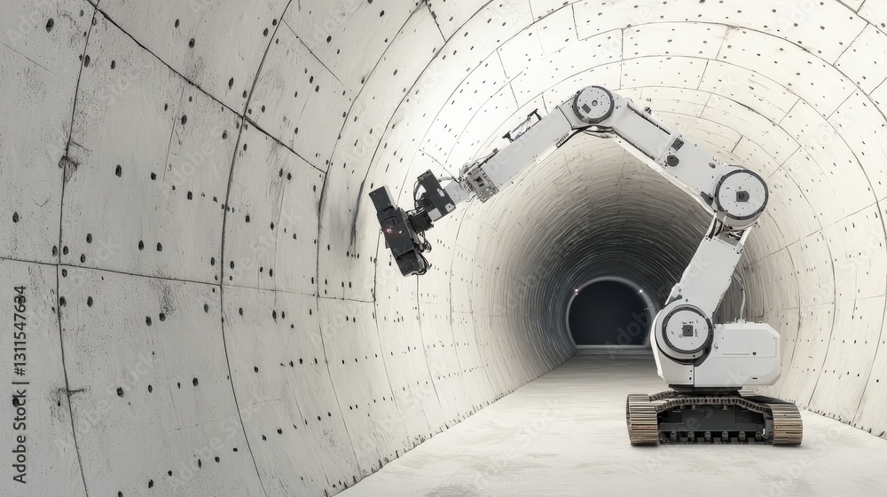 Poster maintenance technical safety infrastructure concept. robotic arm working inside a concrete tunnel st