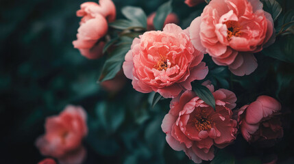 Obraz premium Vibrant pink peonies in lush garden setting with dark green foliage