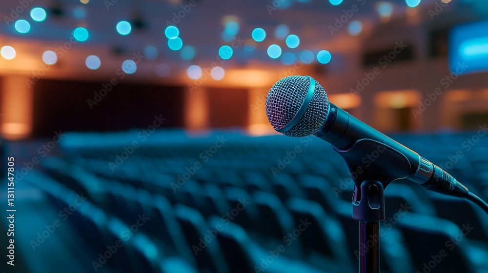 Poster A microphone positioned on a lectern in a large conference hall, ready for a keynote speech, with rows of empty seats in the background.