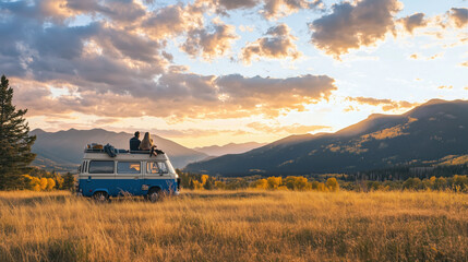 Fototapeta premium A couple road-tripping in a vintage camper van with a scenic mountain backdrop, bathed in warm golden hour lighting