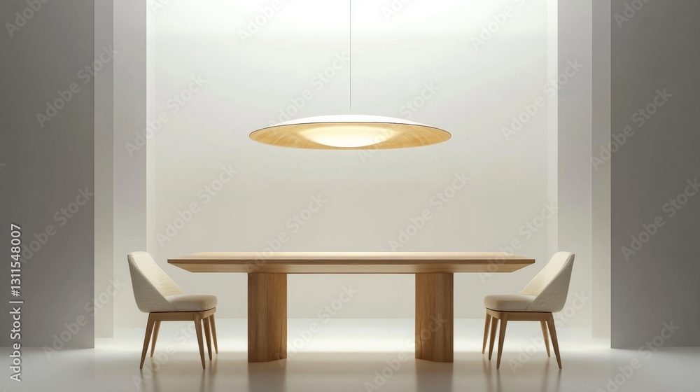 Poster a modern minimalist dining area with a simple wooden table, elegant chairs, and a statement pendant 