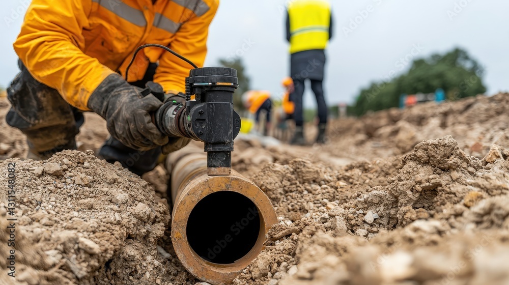 Poster maintenance technical safety infrastructure concept. construction workers working on a pipeline in a