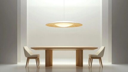 A modern minimalist dining area with a simple wooden table, elegant chairs, and a statement pendant light, creating a chic yet functional dining space.