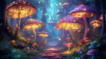 Enchanted Summer Forest with Glowing Mushrooms and Fairy Lights, Creating a Magical and Dreamy Fantasy World