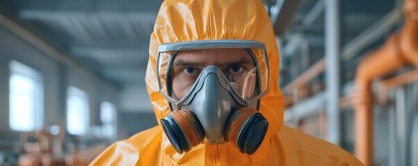 maintenance technical safety infrastructure concept. Protective worker in a safety suit with a mask in an industrial setting.