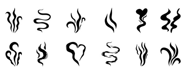 Steam smoke hand drawn line comic doodle. Aroma trail, cloud or wind silhouette. Smells hot air fragrance evaporate set. 