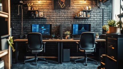 Modern industrial office workspace with two computers