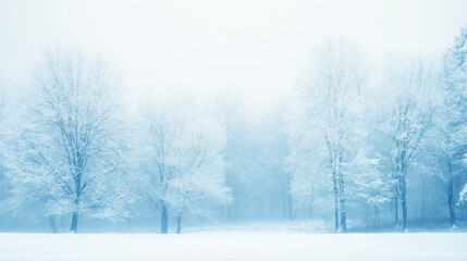 Fototapeta premium Tranquil winter landscape with snow-covered trees in misty fog