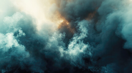 Dramatic cloudy sky with sunlight breaking through dark smoke