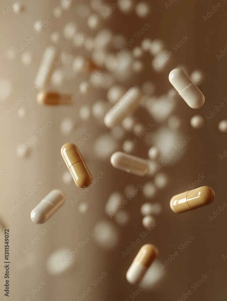 Fototapete Floating pills in zero gravity create a mesmerizing abstract medical visual with soft shadows and cinematic lighting