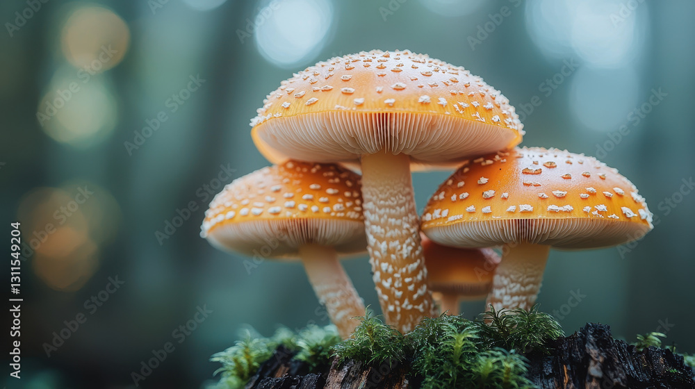 Poster tiny mushrooms thrive on a decaying tree stump in an enchanting forest setting