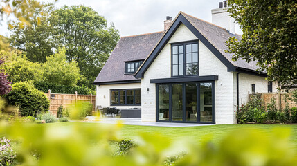 Modern house architecture, blending traditional architectural elements with contemporary design, featuring grand facade, large windows, manicured garden