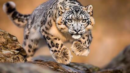 Obraz premium A snow leopard gracefully leaps over rocks, showcasing its distinctive spotted fur and keen eyes in a natural setting. Concept Snow Leopard Habitat, Unique Spotted Fur, Agile Leaping Behavior