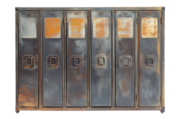 Industrial metal locker cabinet with vintage patina isolated on transparent white background