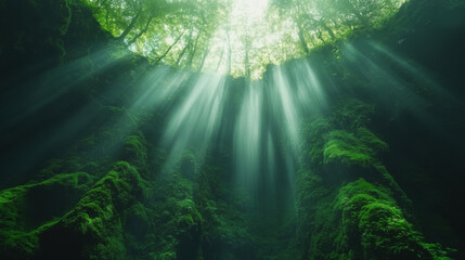 Obraz premium Green moss forest. Sunlight streams through trees. Bright light shines down. Natural serene scene. Peaceful woodland landscape.
