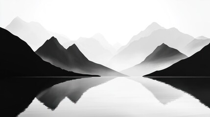Serene mountain lake reflection, misty peaks, calm background, nature wallpaper