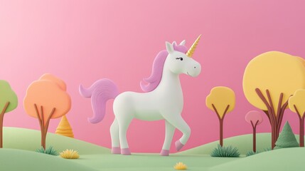 Obraz premium Pastel unicorn walking in autumnal park; kids' book illustration