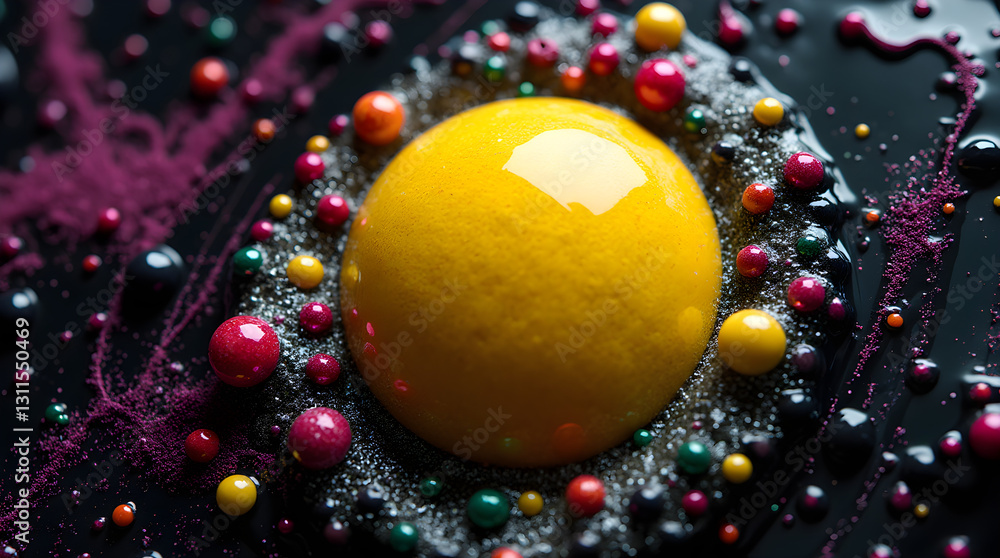 Poster vibrant abstract macro art yellow sphere egg yolk colorful spheres on dark textured background macro