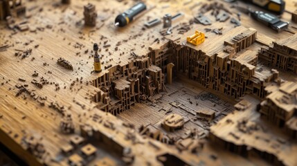 Naklejka premium Wooden desktop with tools and carved architectural detail, construction background, used for DIY projects and design