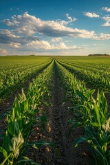 Corn field view. Rows of green plants stretch toward horizon. Blue sky with fluffy clouds overhead. Sunny day on farm land.