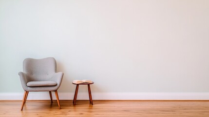 Cozy corner featuring soft armchair and wooden stool on warm woo