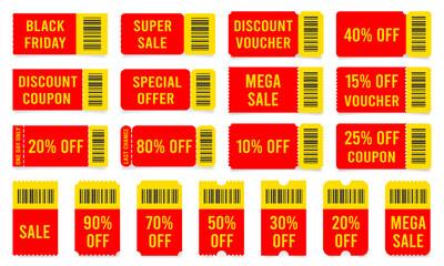 Sale coupon. Discount voucher. Black friday special offer label. Red and yellow ticket shaped signs.	