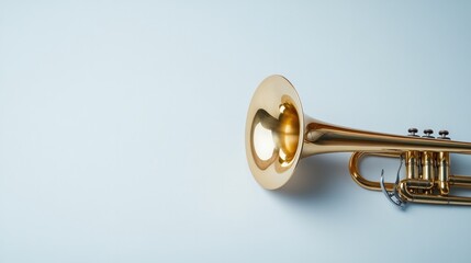 Obraz premium Shiny brass trumpet resting against soft blue backdrop, radiatin