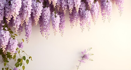 Obraz premium AI-generated elegant white wall with cascading wisteria flowers in soft lilac and pink hues, creating a dreamy floral decor