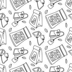 Tea bag pattern, tea bags, leaves. It is suitable for use in tea packaging design, product branding, marketing materials and culinary blogs, as well as in the production of tea products.