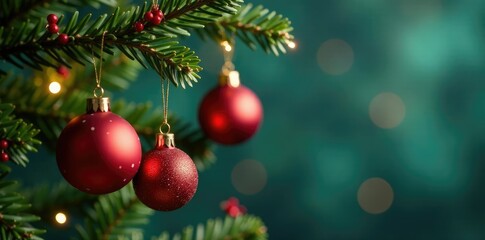 Fototapeta premium Colorful Christmas Ornaments Hanging on a Branch, christmas tree, holly