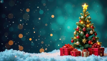 Obraz premium Colorful Christmas postcard with festive tree and presents, holiday season, yuletide, christmas decorations