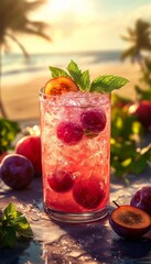 plum artisan mojito cocktail in a glass on the beach