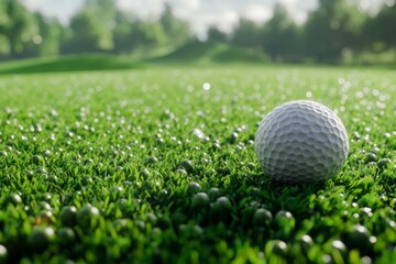 Obraz premium Golf ball on lush green with cloudy sky background. AI image