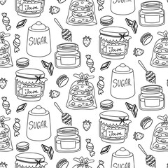 doodle-style tea party products pattern. Honey, sugar, jam, cookies, candies. It is ideal for use in packaging tea, kitchen products, cafes, culinary blogs and restaurants. Black on White