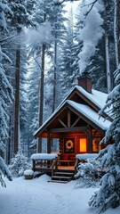 Cozy cabin in the woods with smoke rising from chimney and snow-covered trees, winter, snowy, smoke
