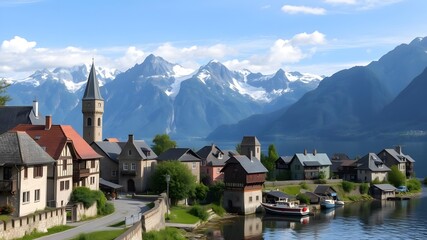 Fototapeta premium Medieval Town by a Serene Fjord with Majestic Mountain Backdrop